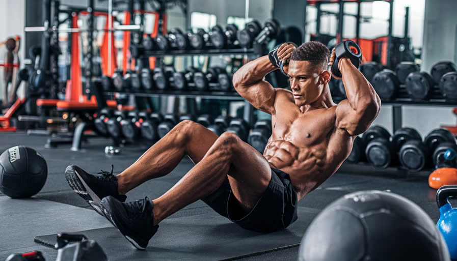 fitness enthusiast performing weighted ab exercises in a modern gym